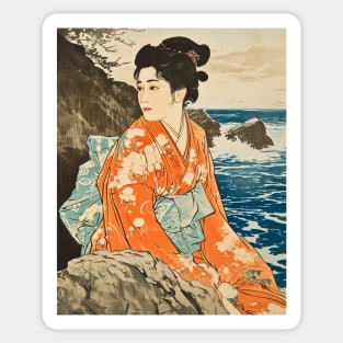 Japanese Woman Vintage Ocean Waves Sticker